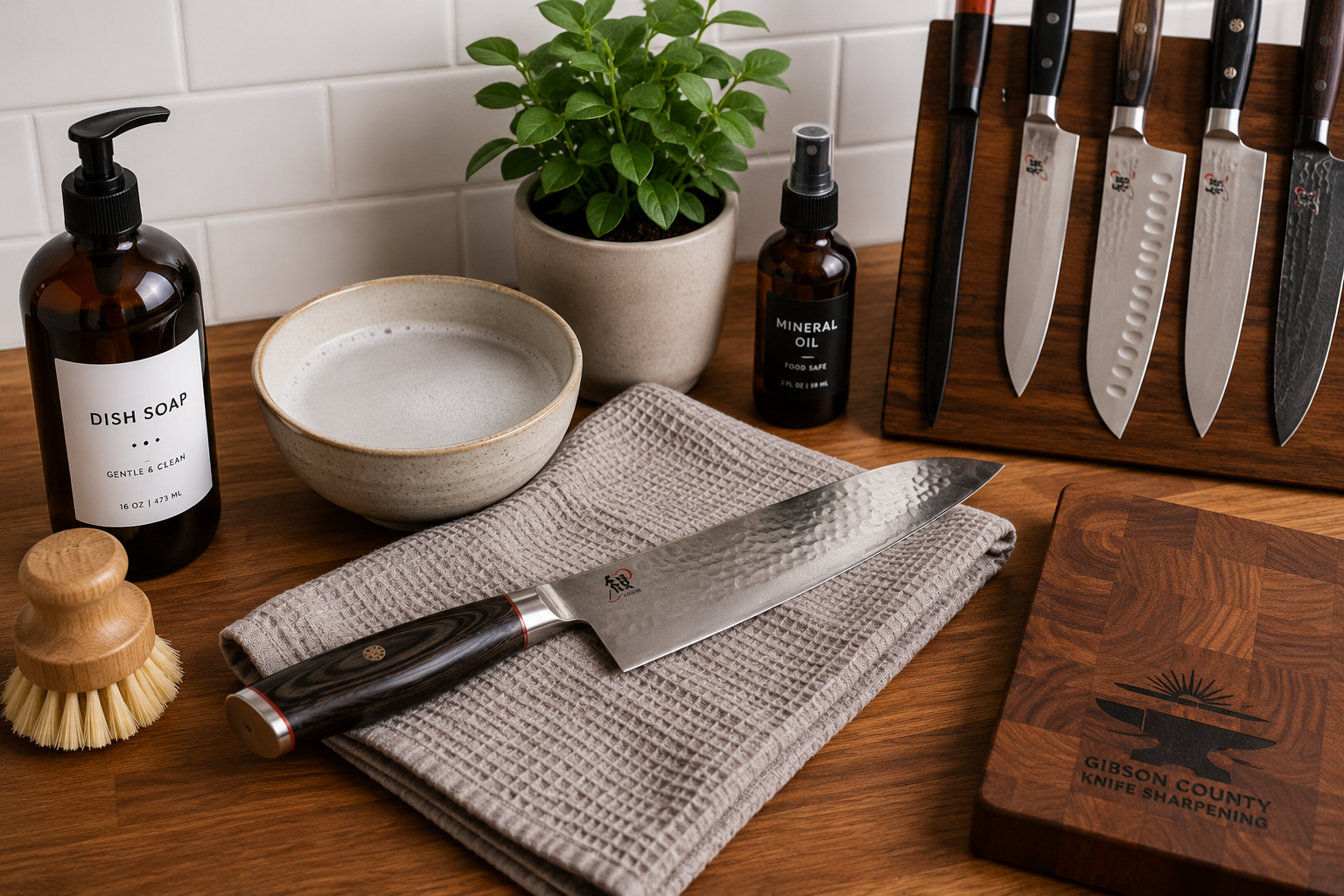 Clean kitchen knife care setup