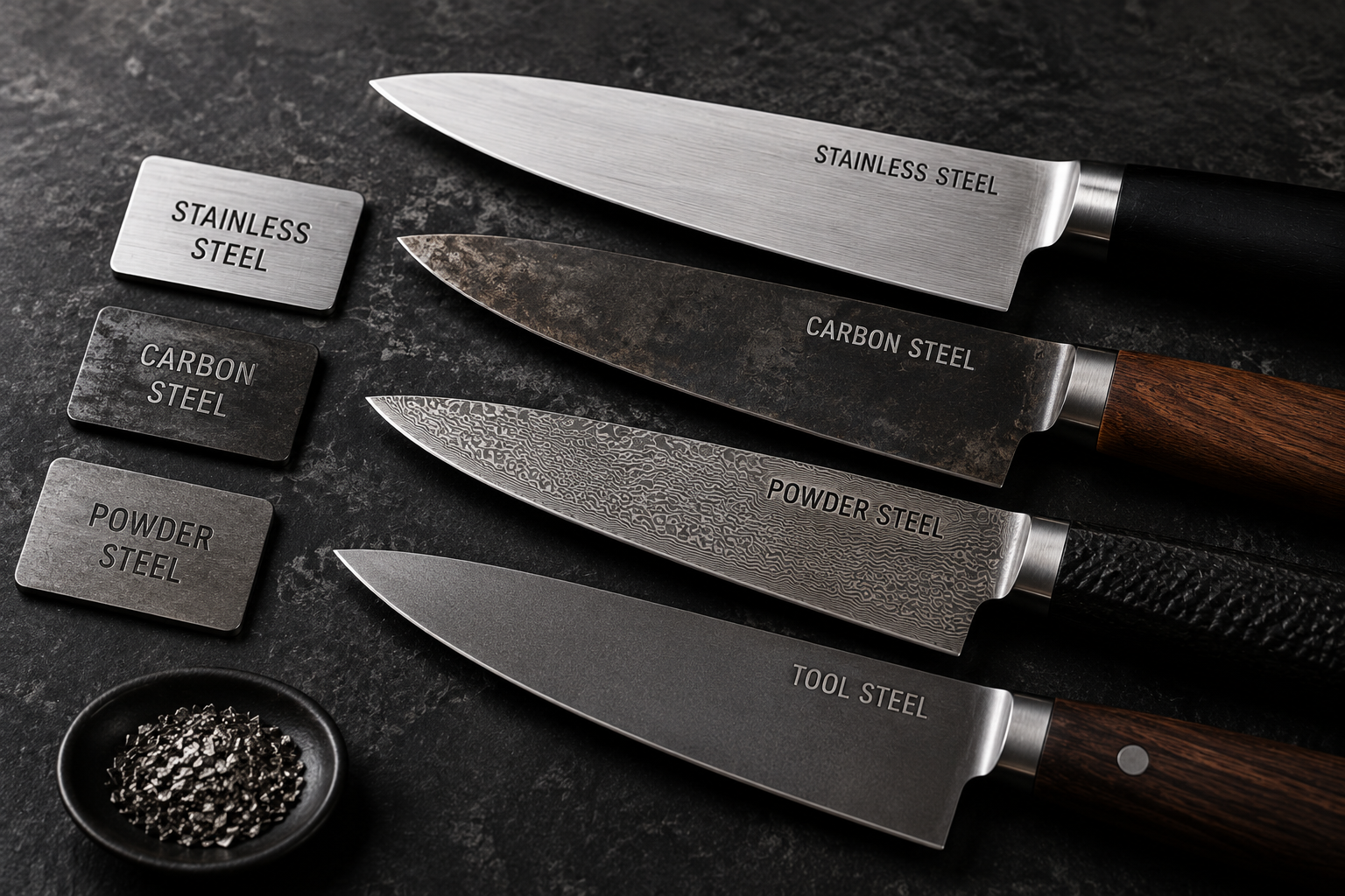 Examples of stainless, carbon, and powdered knife steels