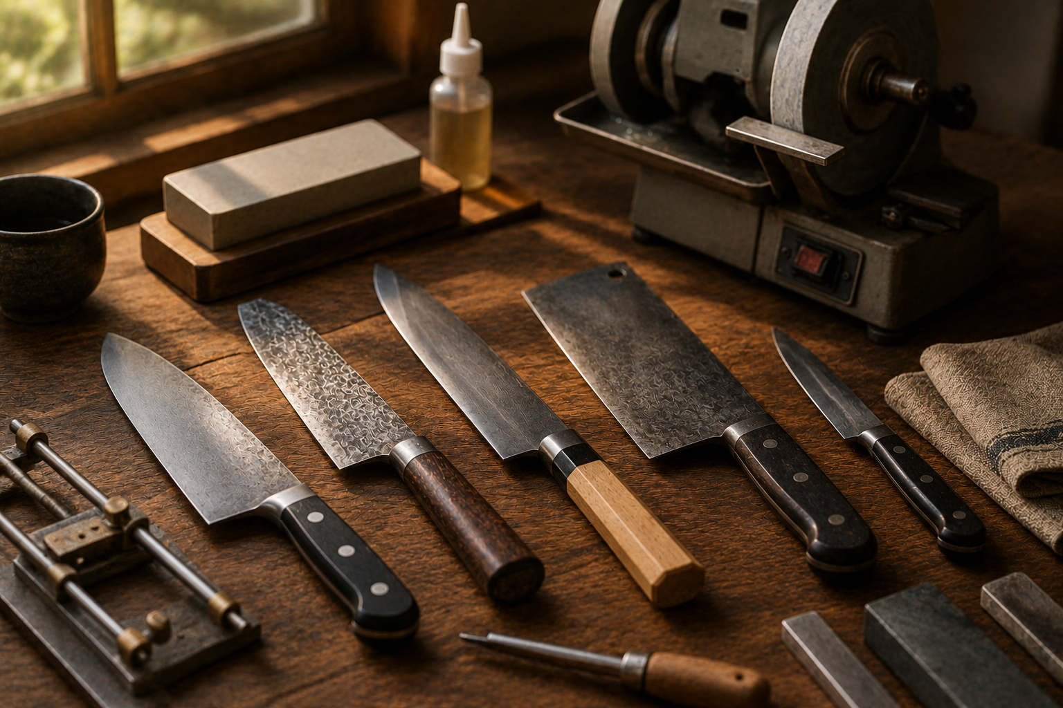 Kitchen knives and professional sharpening tools arranged on a workbench