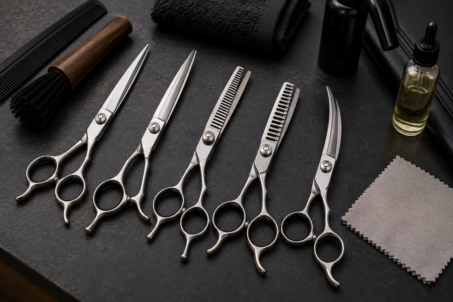 Professional barber and salon shears arranged for inspection and sharpening