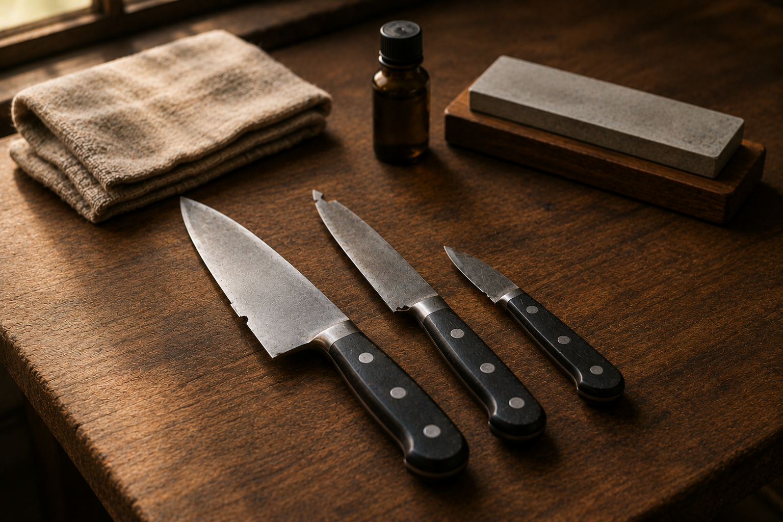 Damaged kitchen knives being inspected beside sharpening and repair tools