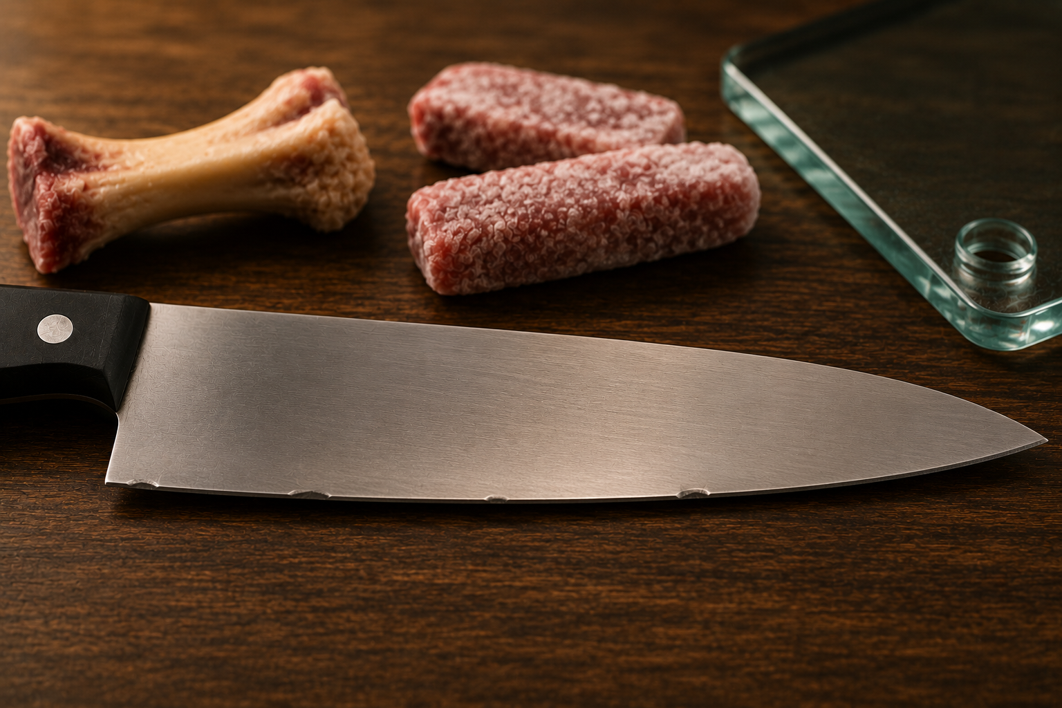 Kitchen knife edge damaged by contact with bone, frozen food, and a glass cutting surface