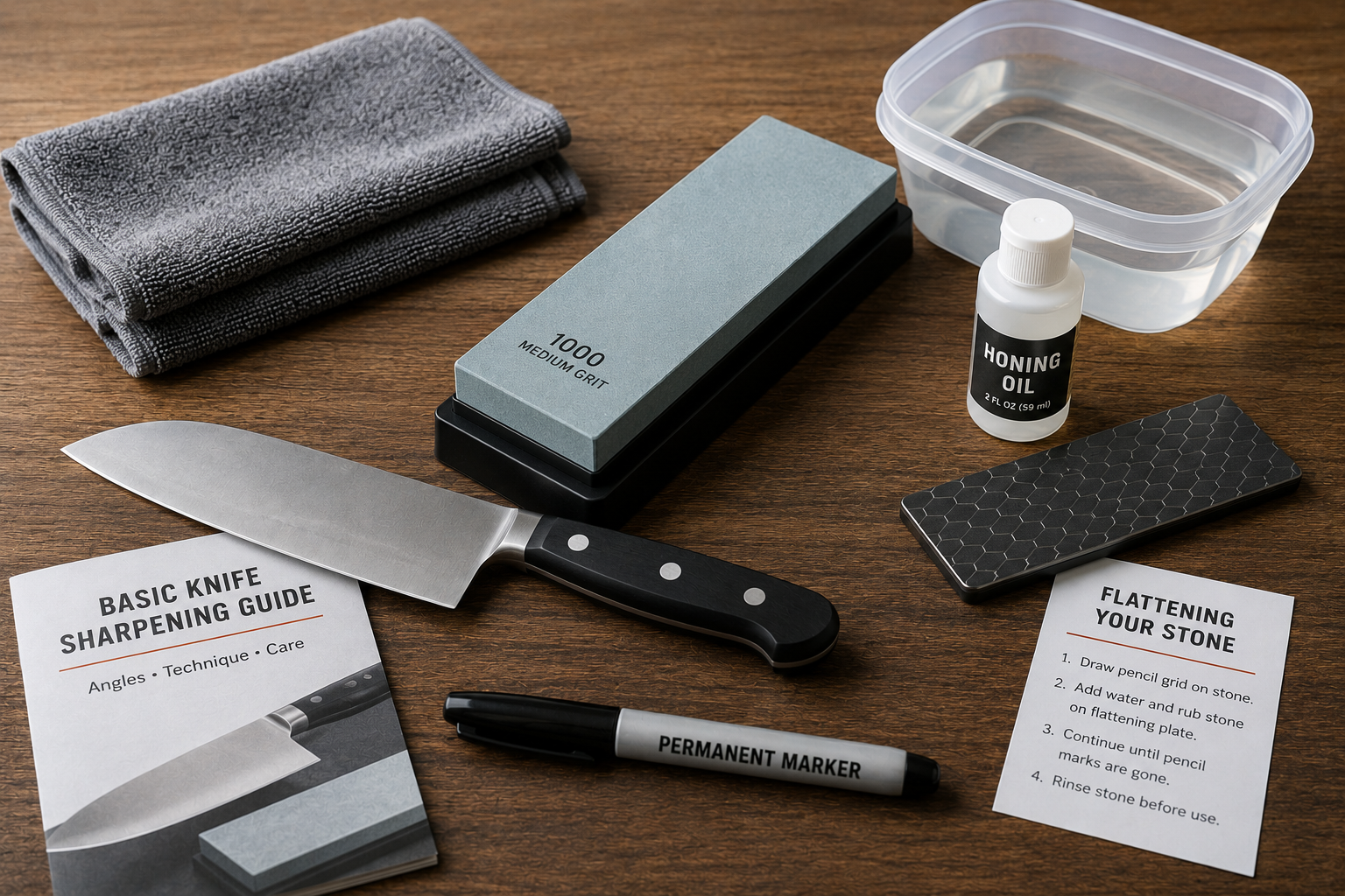 Affordable home knife sharpening kit with a stone, holder, marker, towel, and practice knife