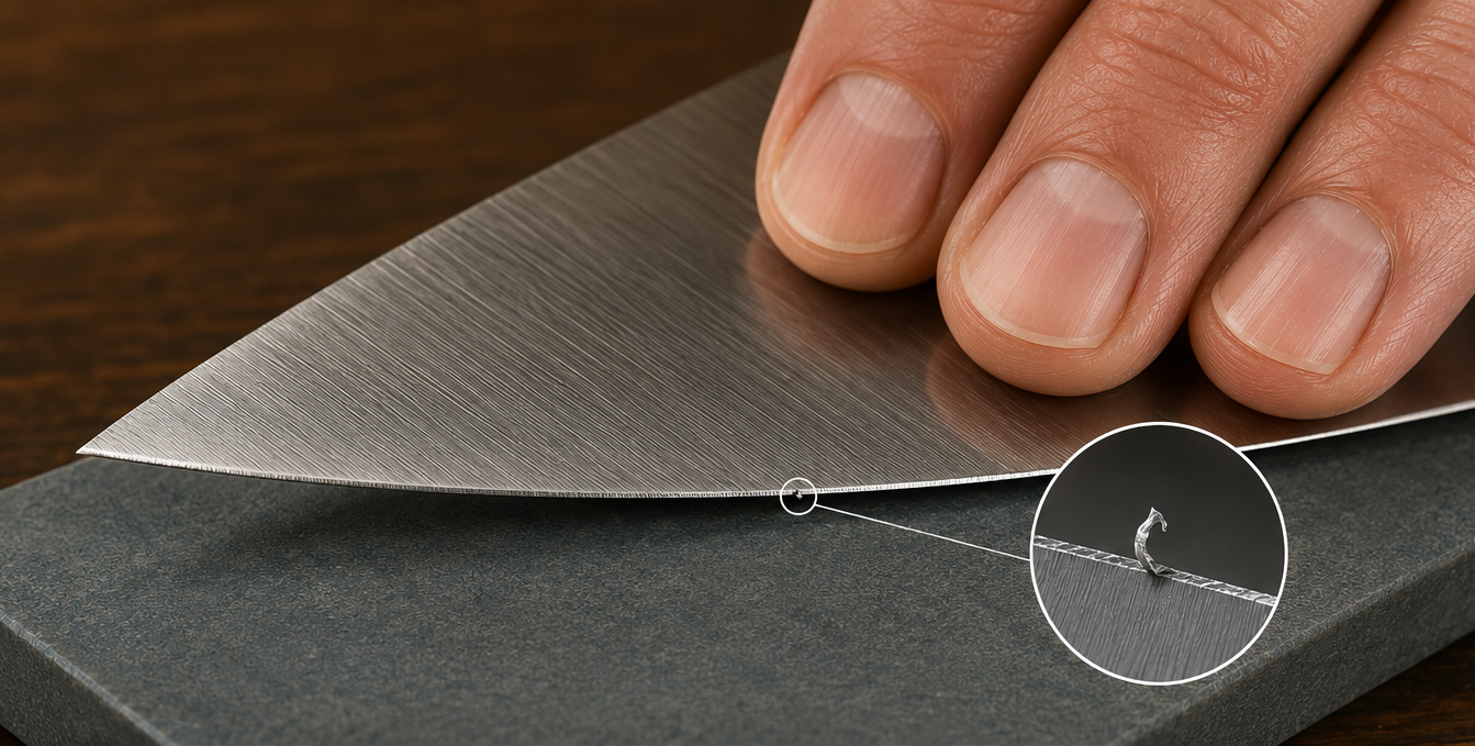 Knife edge showing a burr forming during sharpening