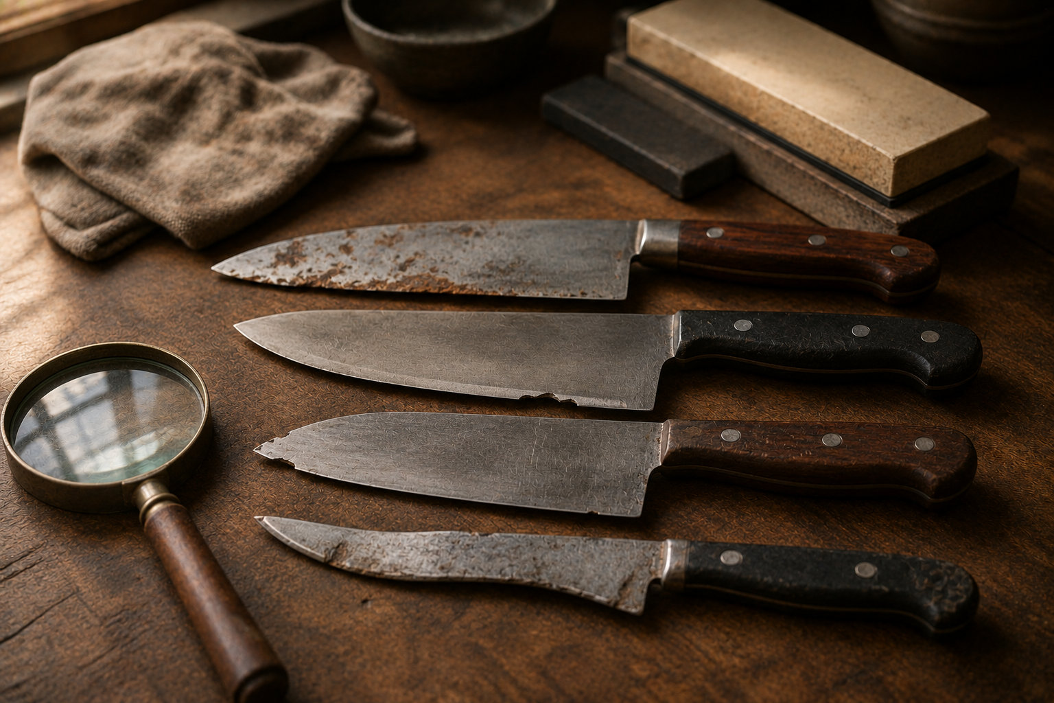 Damaged kitchen knives being evaluated for sharpening and repair