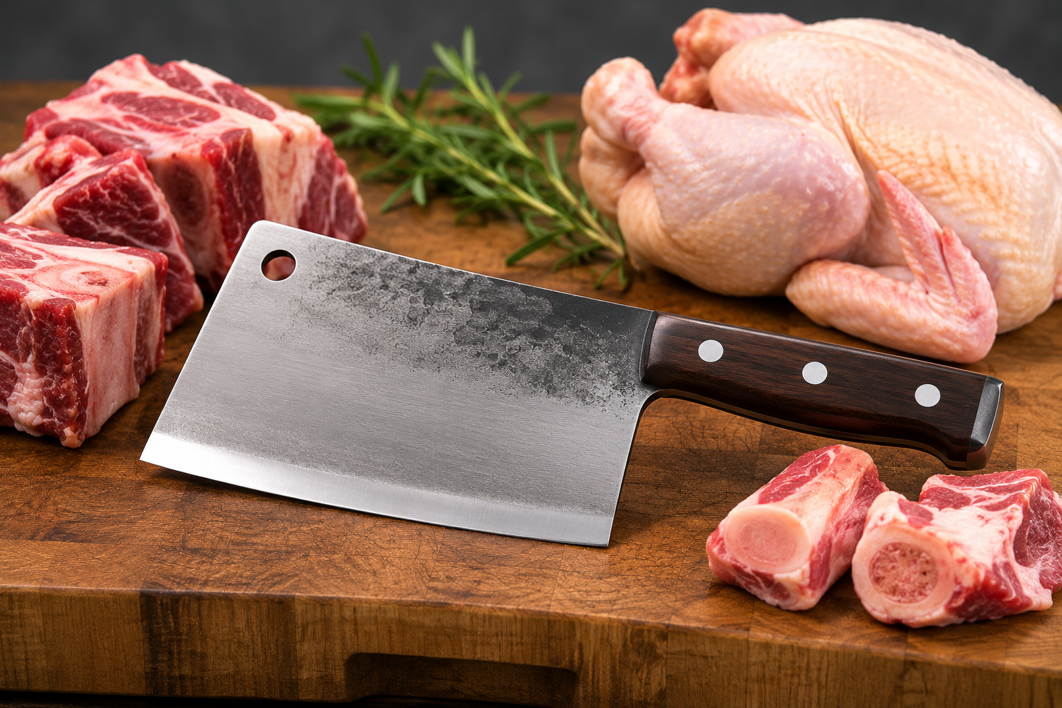 Heavy meat cleaver beside bone-in cuts of meat on a wooden butcher block