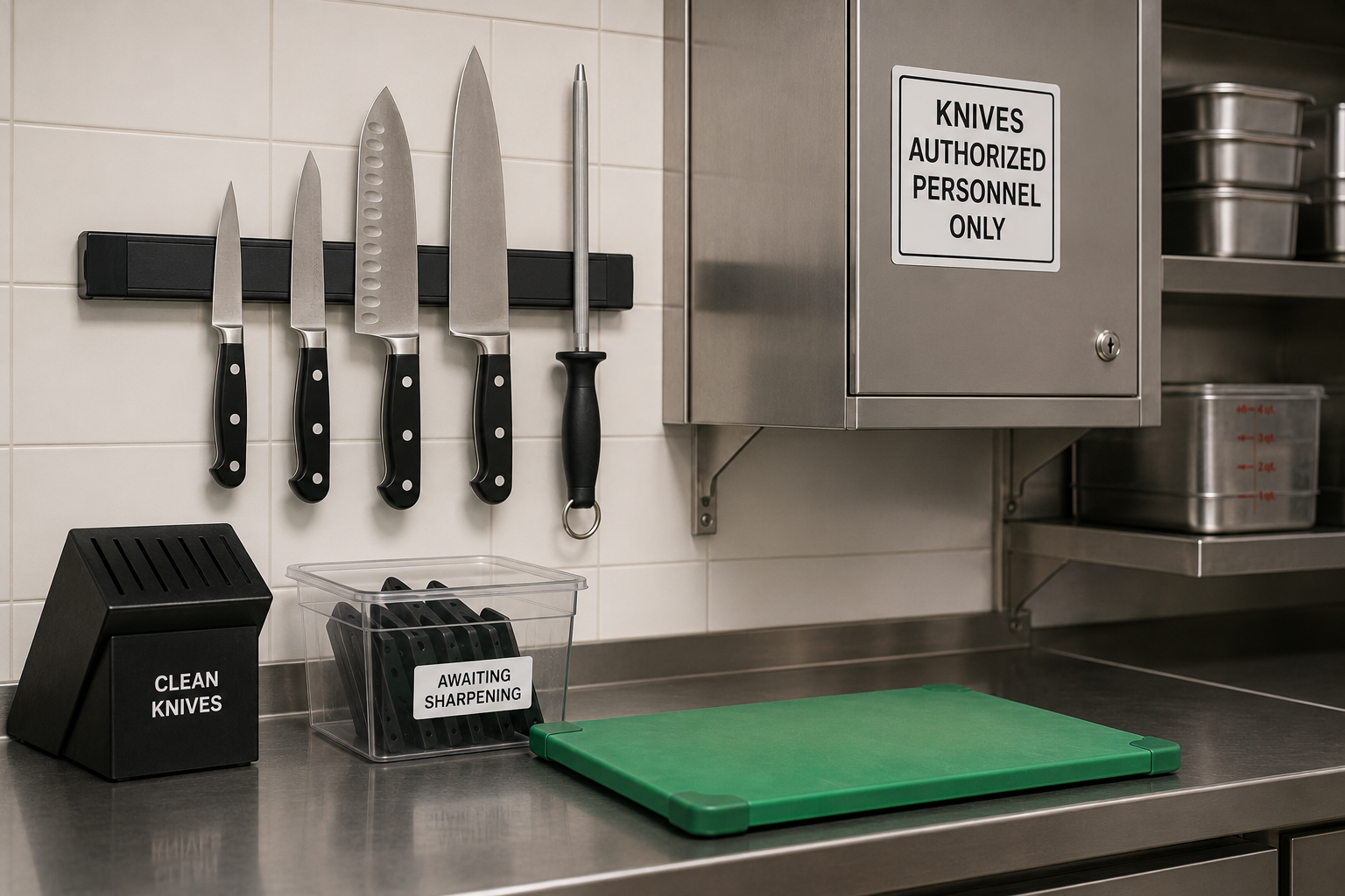 Professional kitchen knives stored securely in an organized commercial kitchen