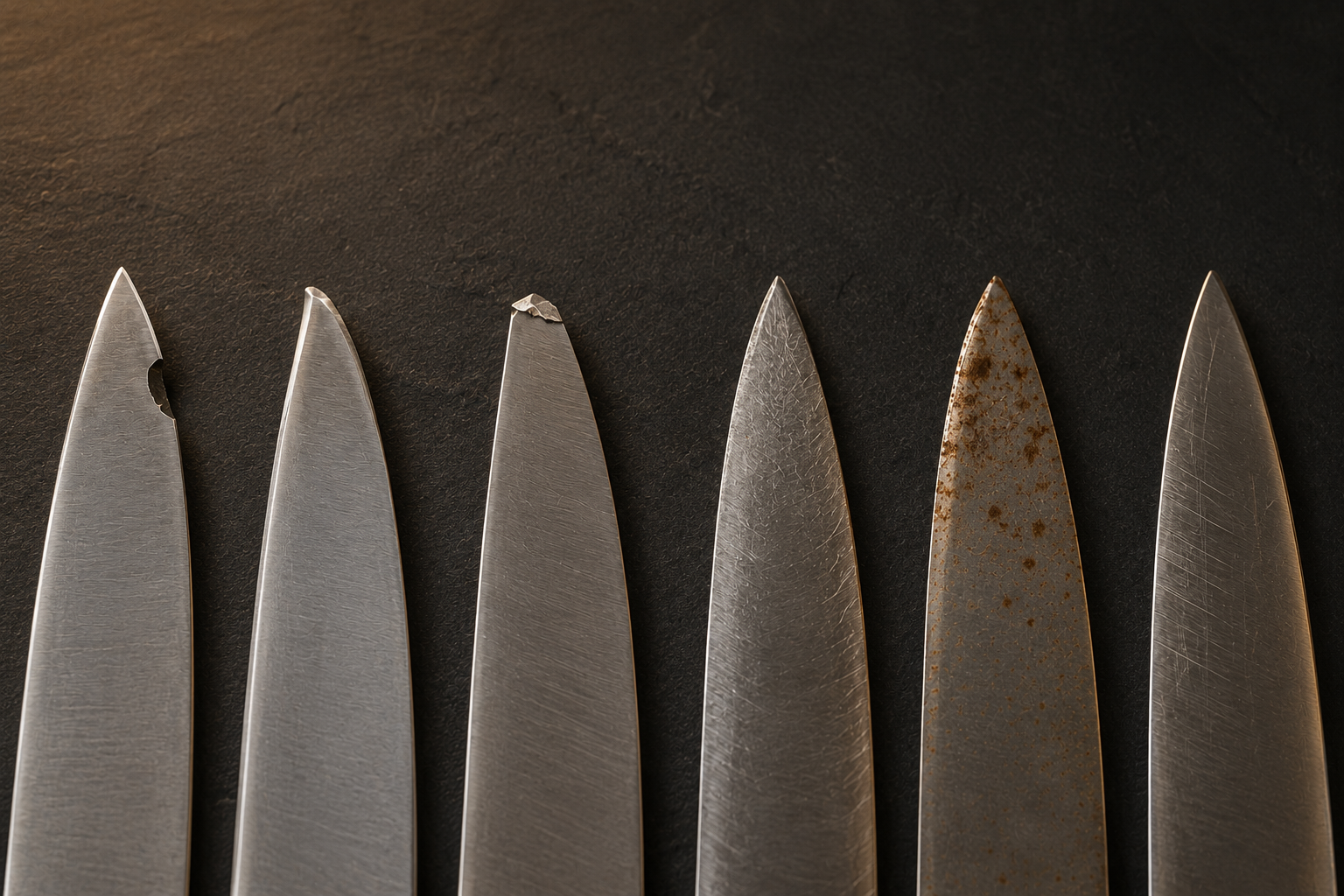 Kitchen knives showing common edge damage including chips, a rolled edge, a broken tip, and corrosion