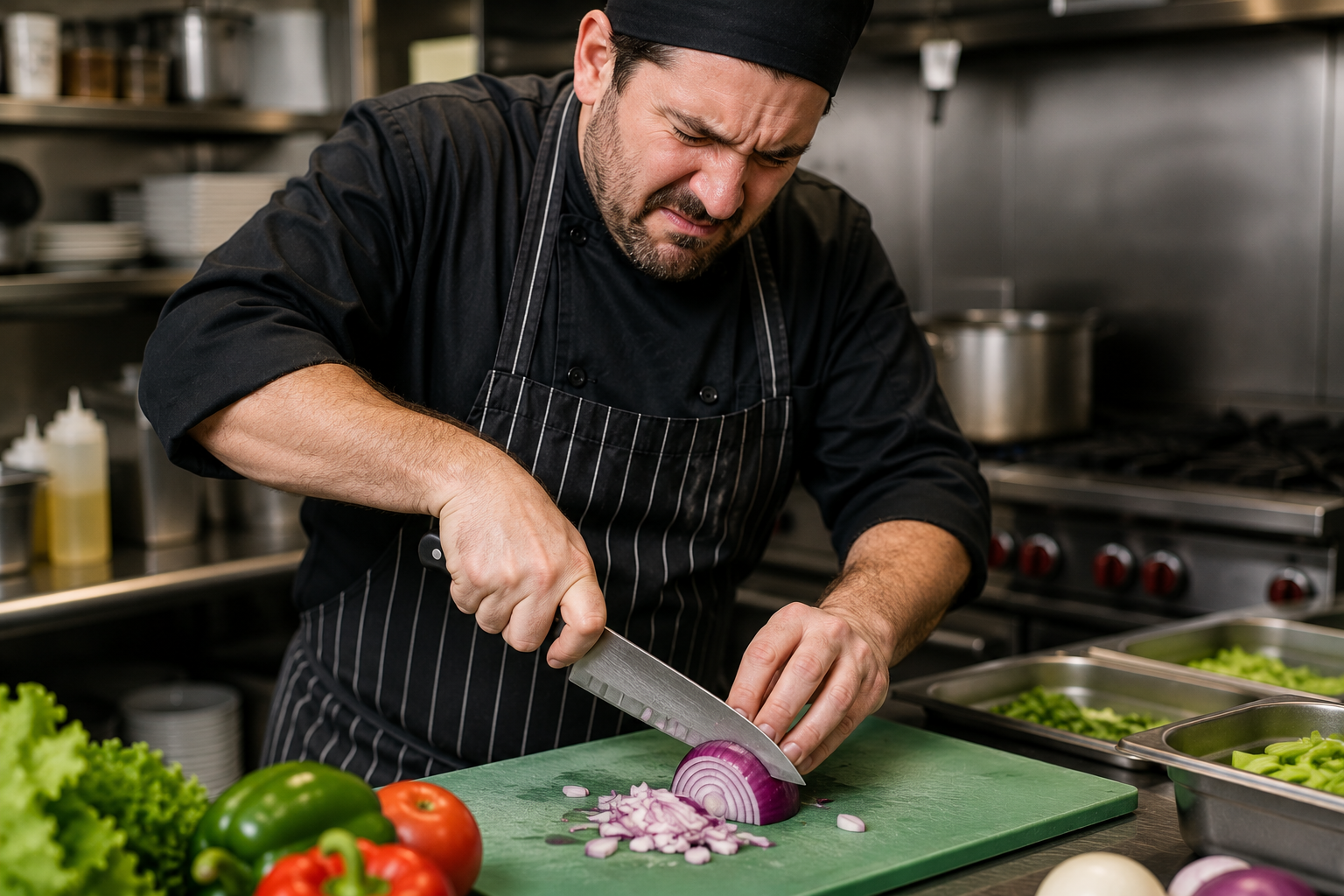 Restaurant cook struggling to prepare ingredients with a dull kitchen knife