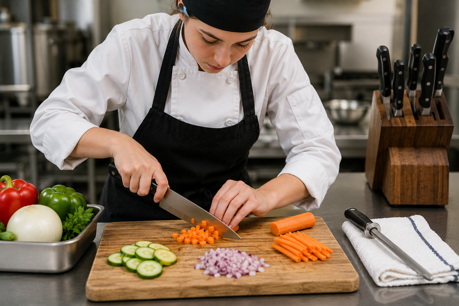 Culinary student practicing organized and safe kitchen knife habits