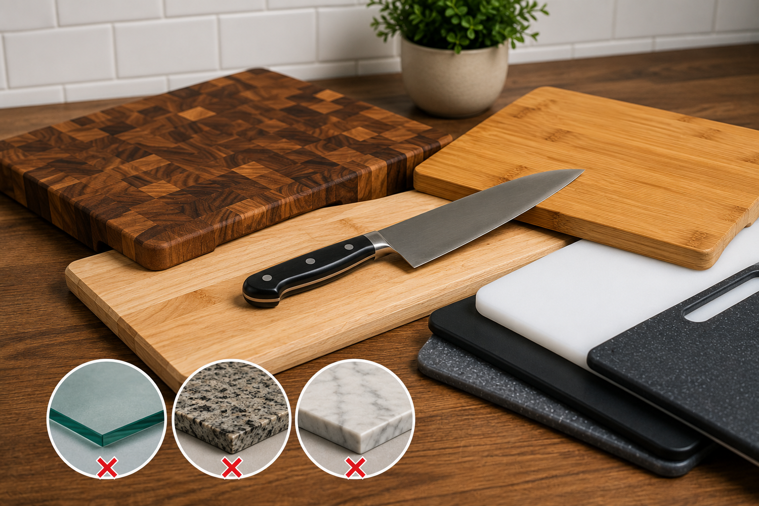Kitchen knife beside wood, plastic, bamboo, glass, and stone cutting boards