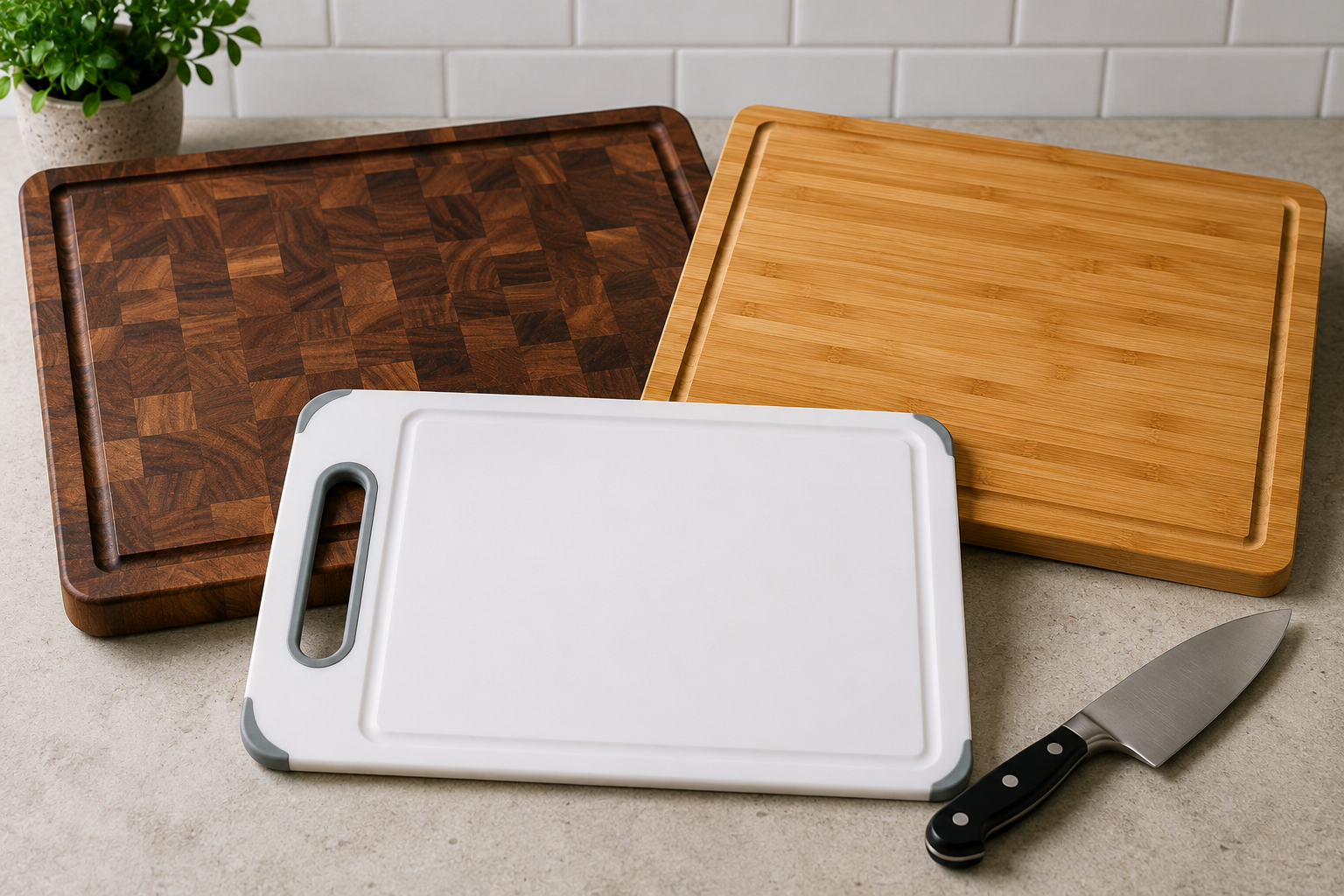 Wood, bamboo, and plastic cutting boards arranged beside a kitchen knife