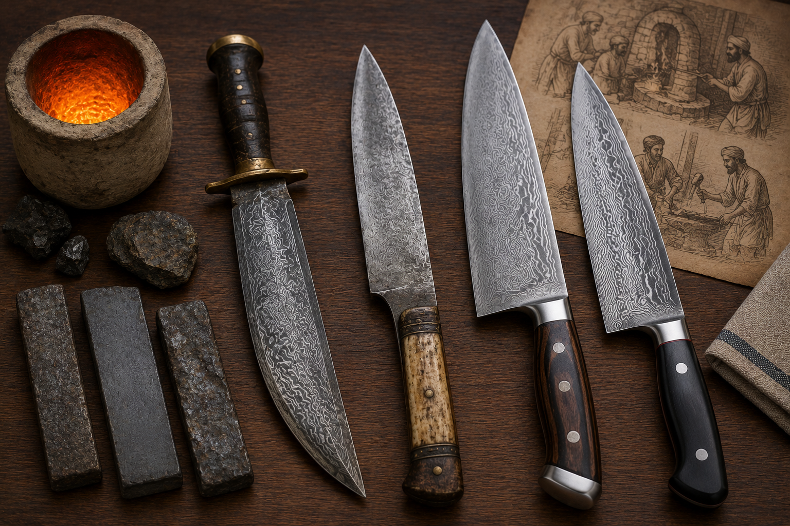 Historic and modern Damascus-patterned knife blades