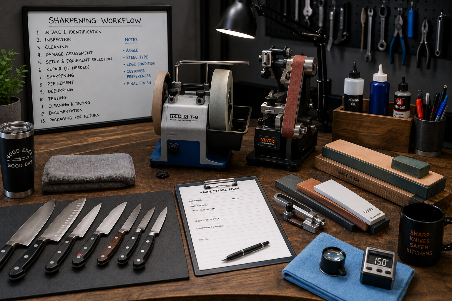 Professional knife sharpening workbench with knives, inspection tools, sharpening equipment, and protective supplies