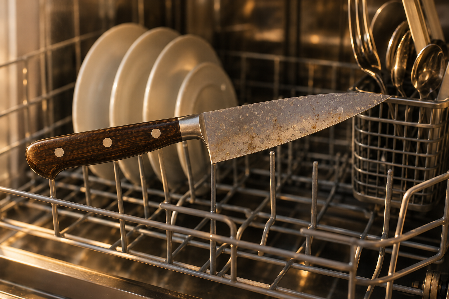 Kitchen knife damaged by dishwasher heat, detergent, moisture, and contact with utensils