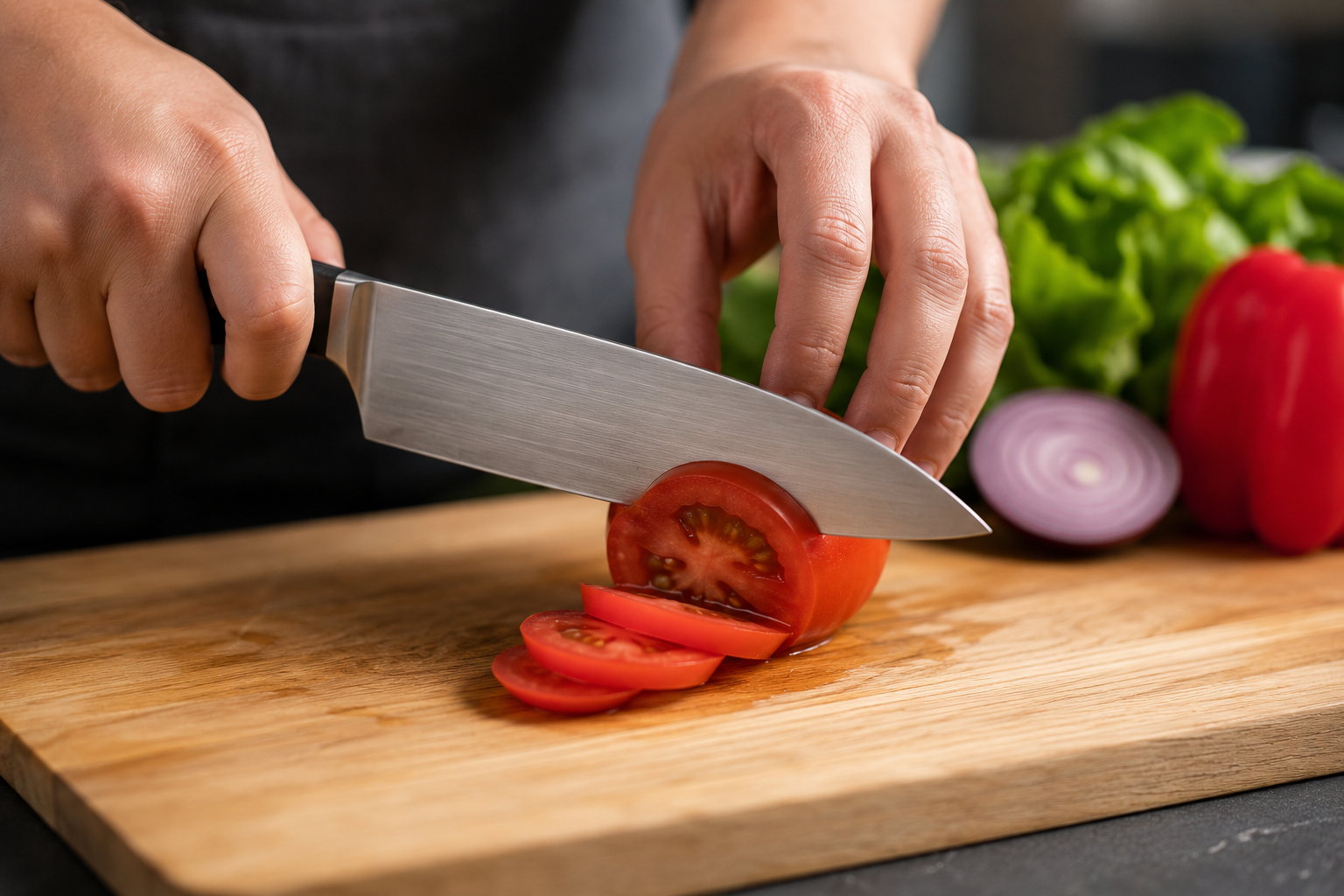 Sharp chef knife making a controlled cut through kitchen vegetables