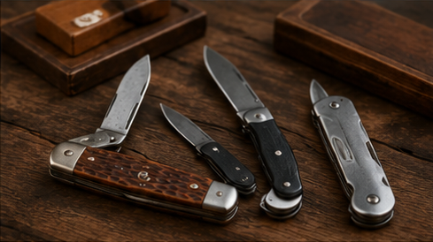 Historic and modern pocket knives showing the evolution of folding knife design