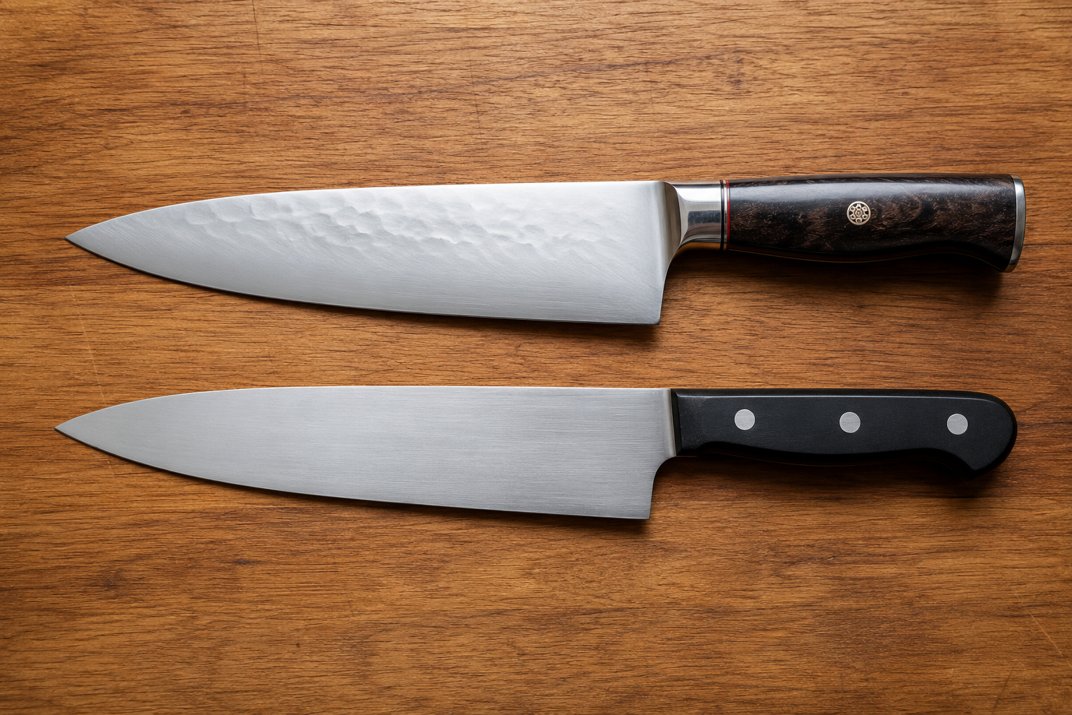 Premium and affordable chef knives displayed side by side for edge-retention comparison