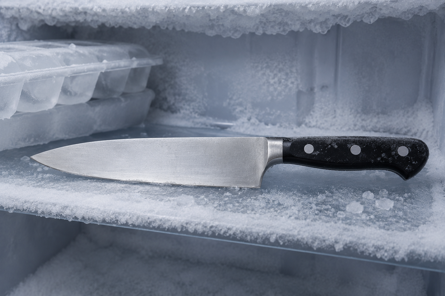 Kitchen knife placed near frost and ice to illustrate the myth that freezing improves sharpness