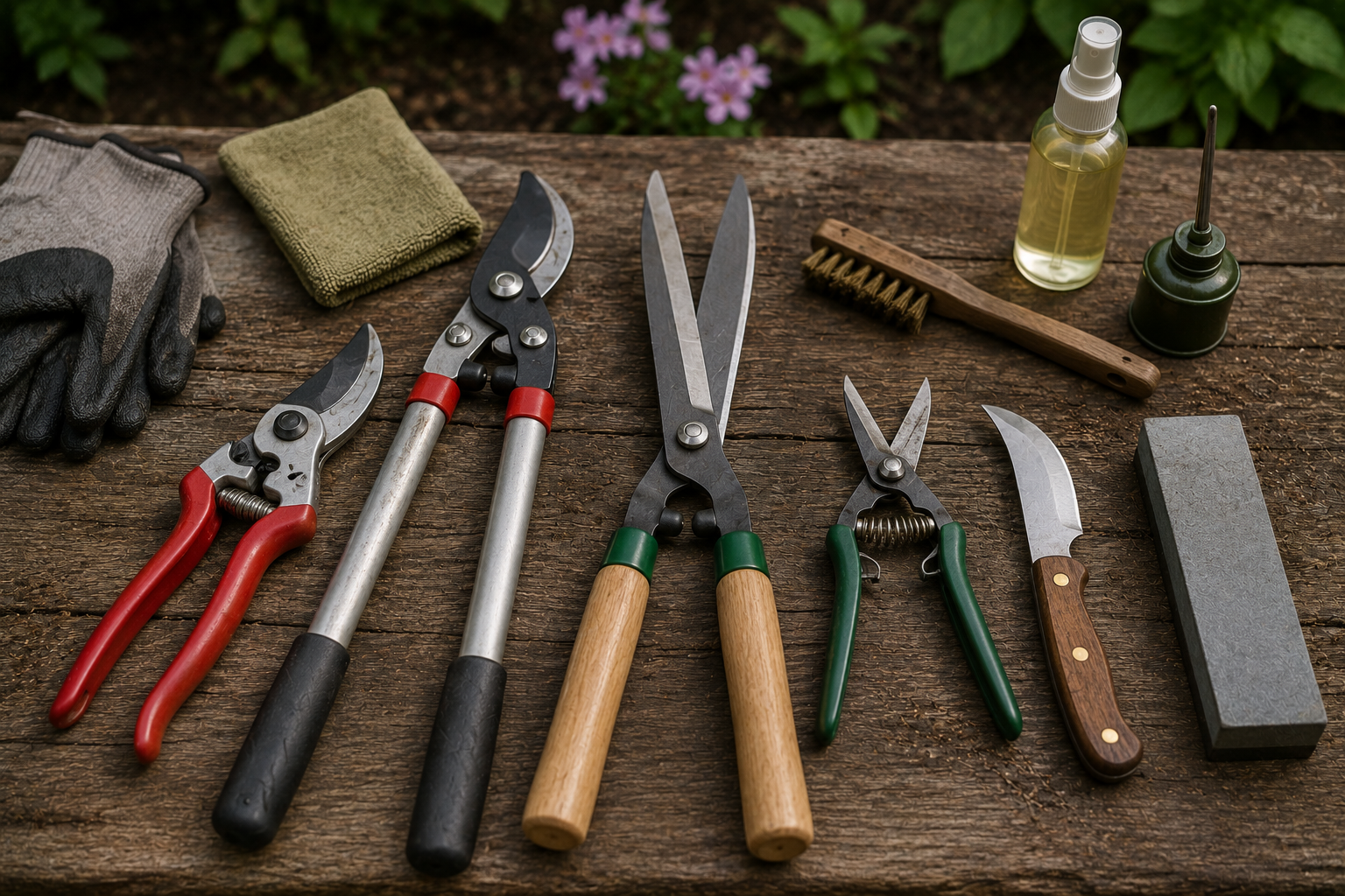 Garden pruners, loppers, and hand tools arranged for cleaning and sharpening
