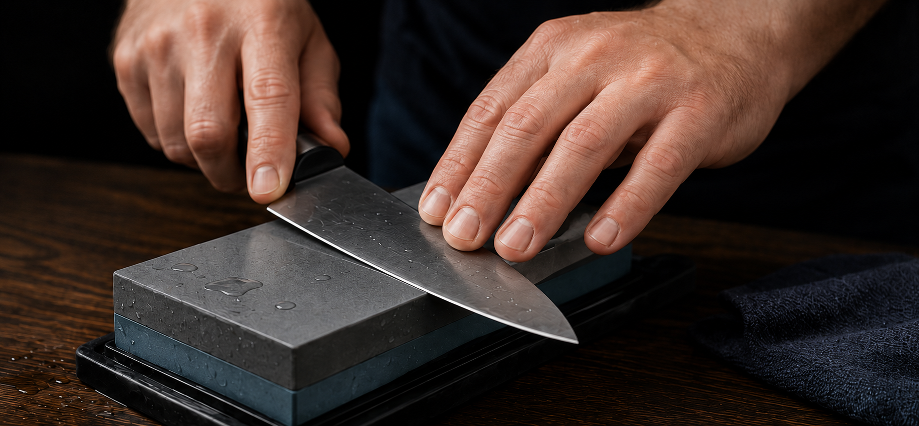 Kitchen knife being sharpened by hand on a whetstone