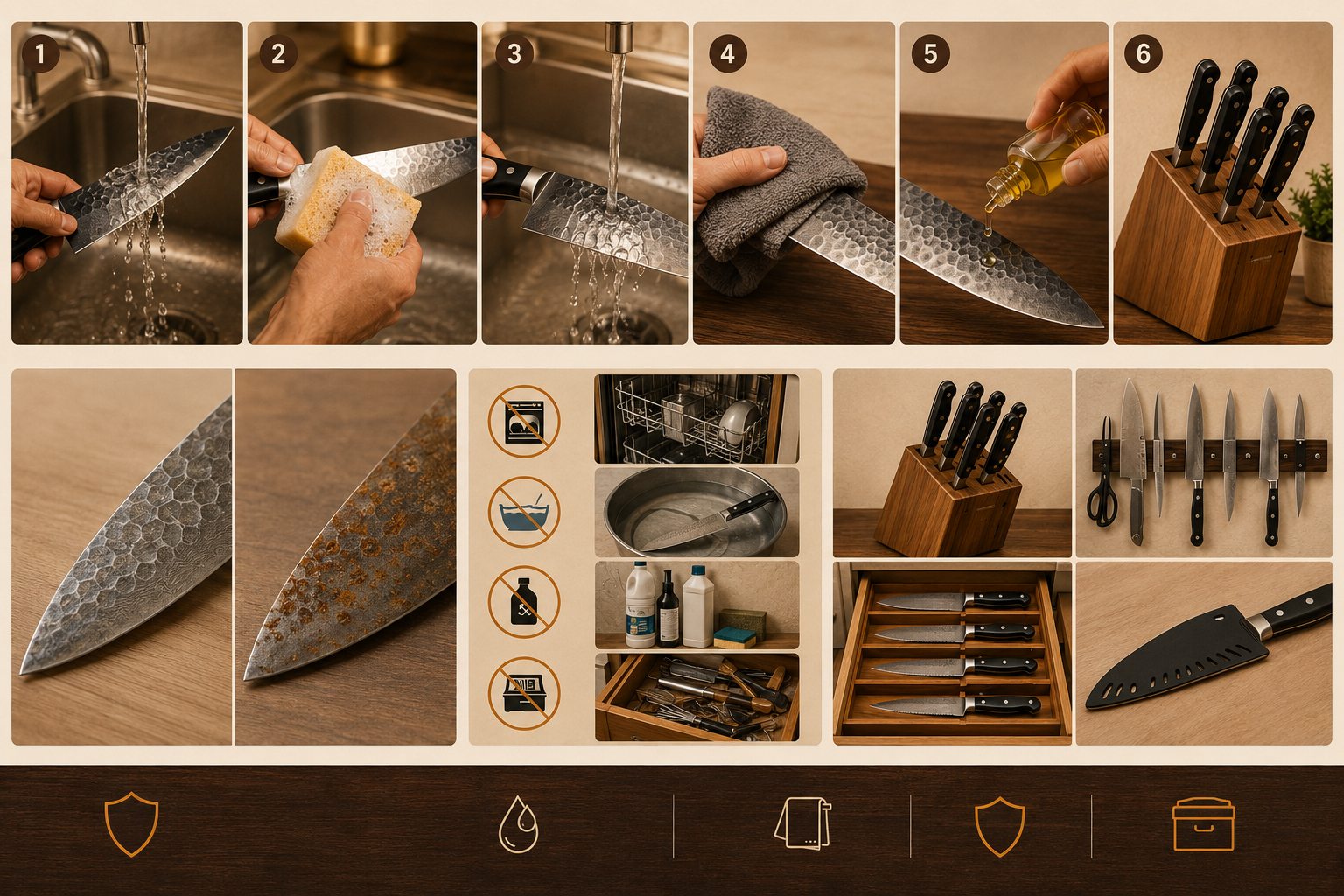 High-carbon steel kitchen knife being washed and dried carefully