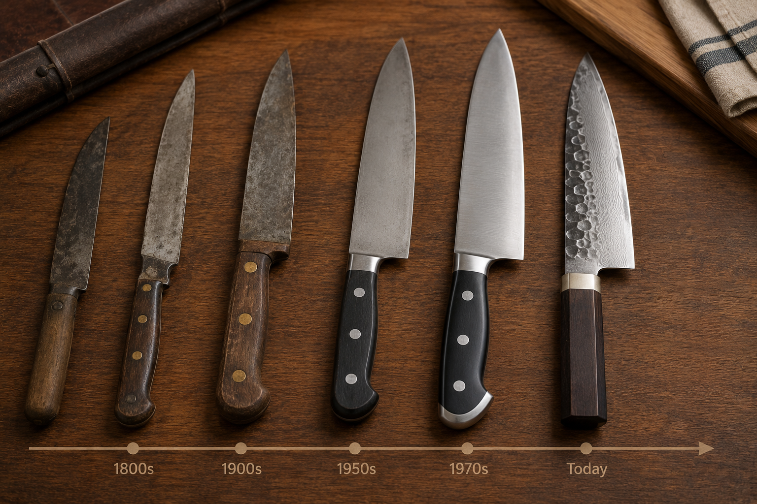 Traditional and modern chef knives representing the history of kitchen knife design