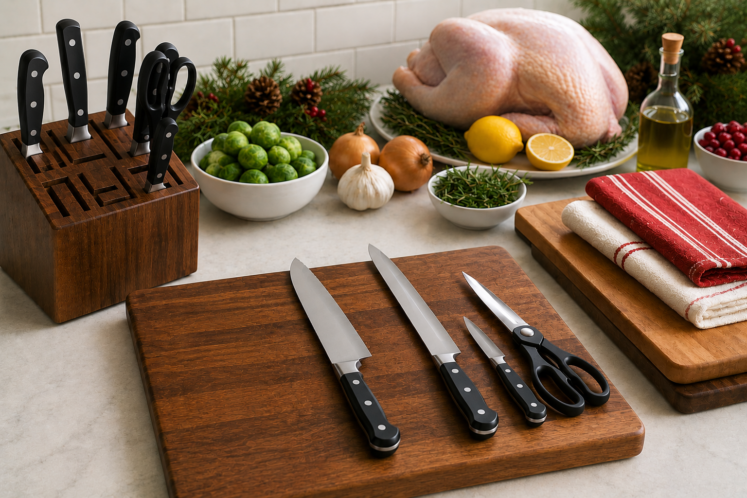 Kitchen knives organized with cutting boards and holiday meal ingredients before cooking
