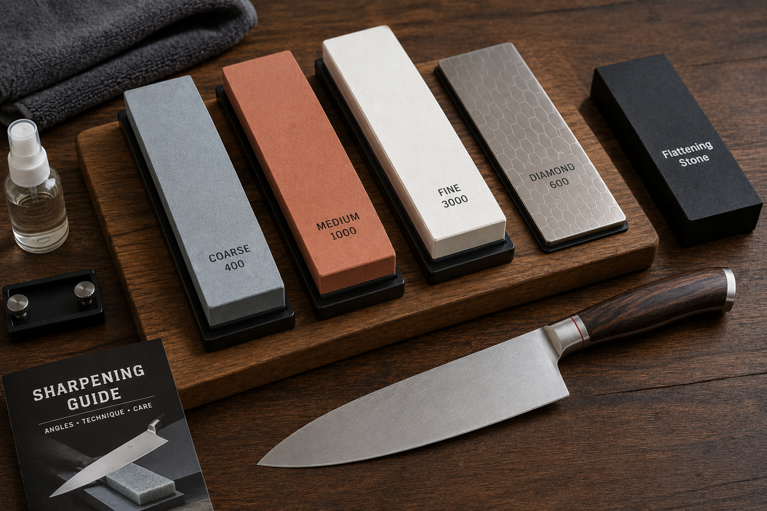 Kitchen knife beside several home sharpening stones and a stone holder