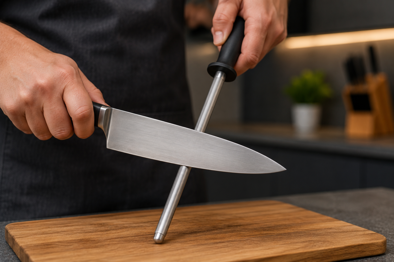 Chef knife being maintained on a honing rod