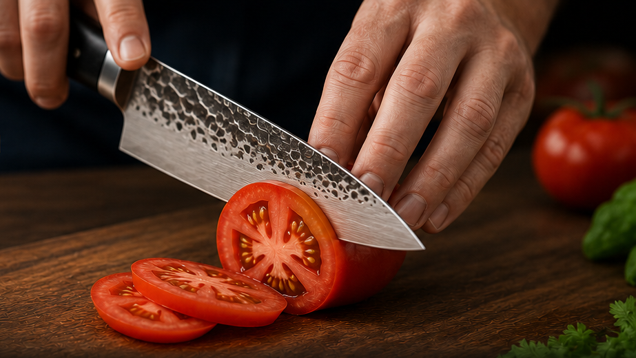 Kitchen knife edge being inspected to determine whether sharpening is needed