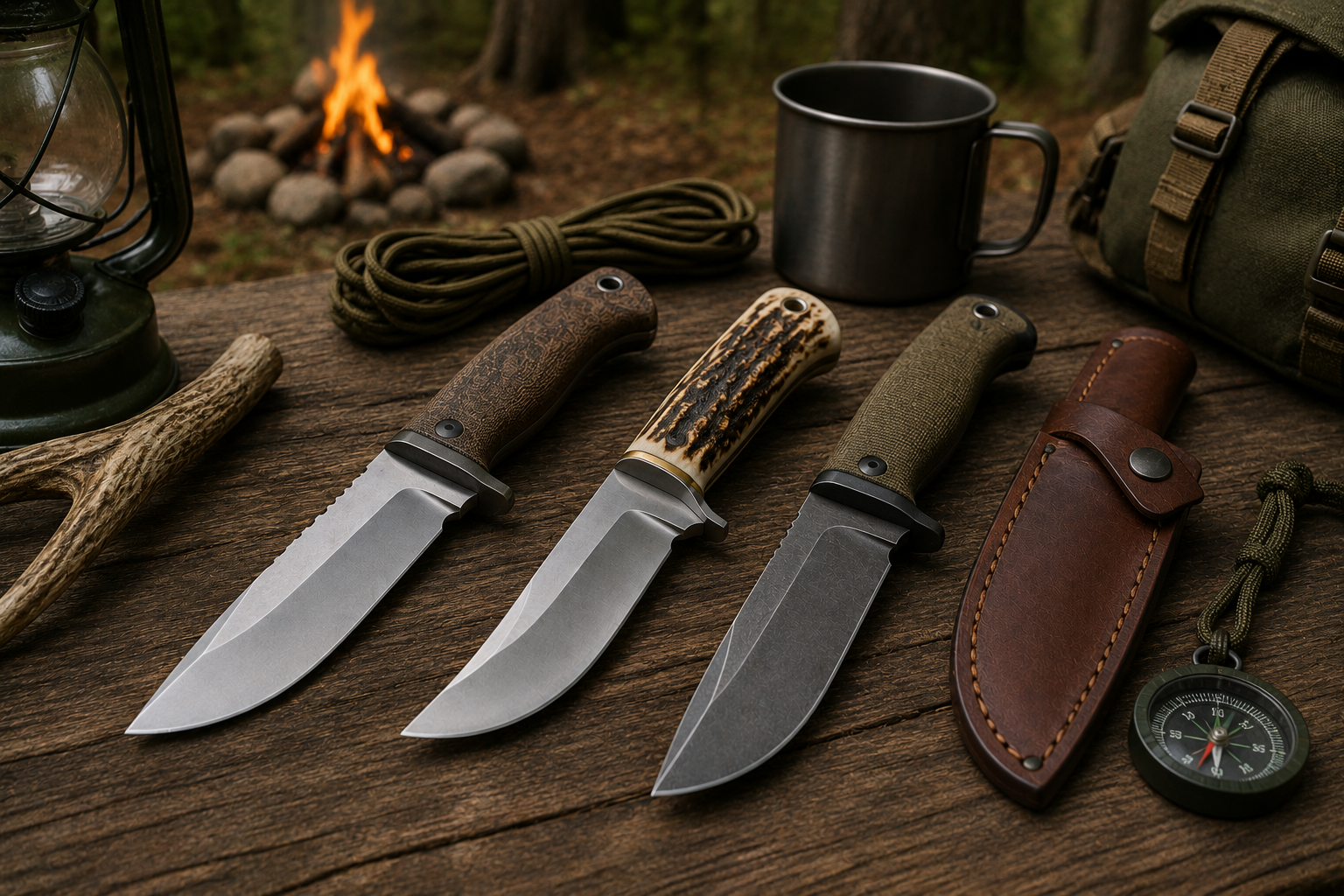 Fixed-blade hunting and outdoor knives arranged with practical camping gear