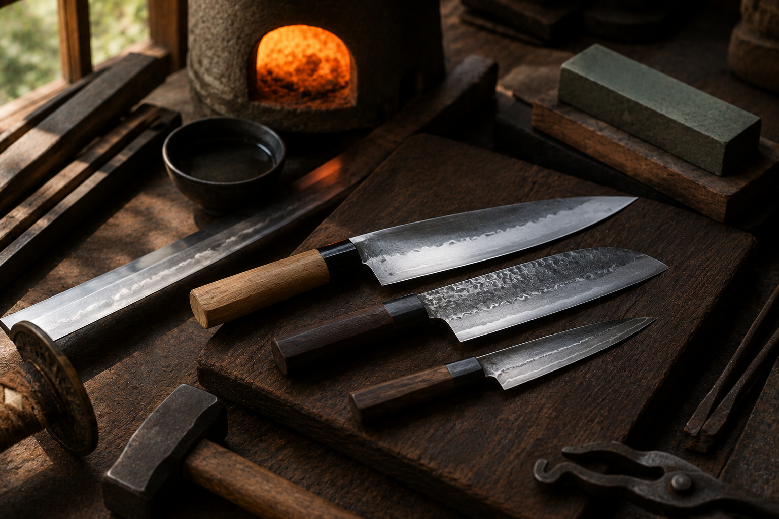 Traditional Japanese swordmaking tools beside modern Japanese kitchen knives