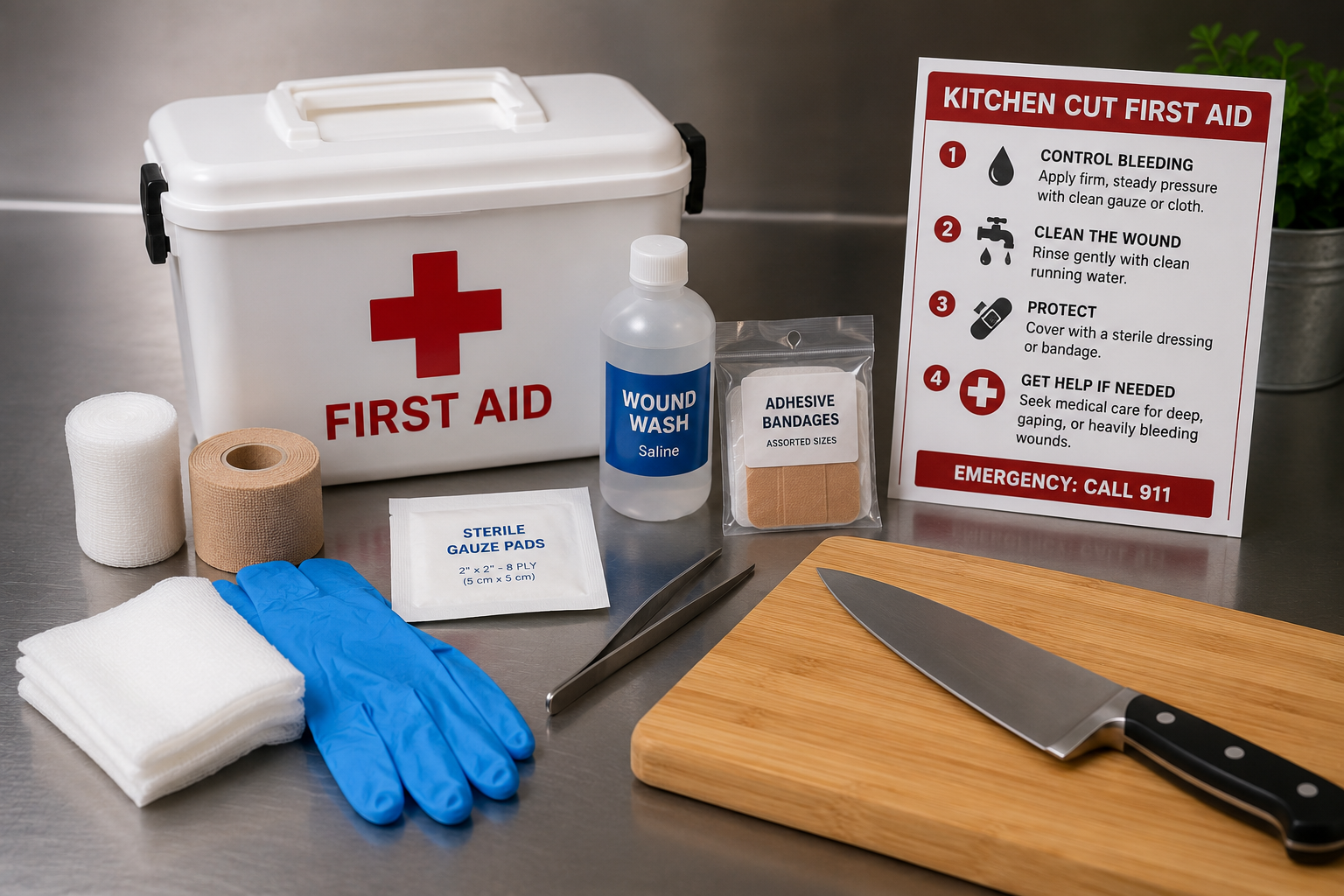 First-aid supplies arranged beside a safely stored kitchen knife