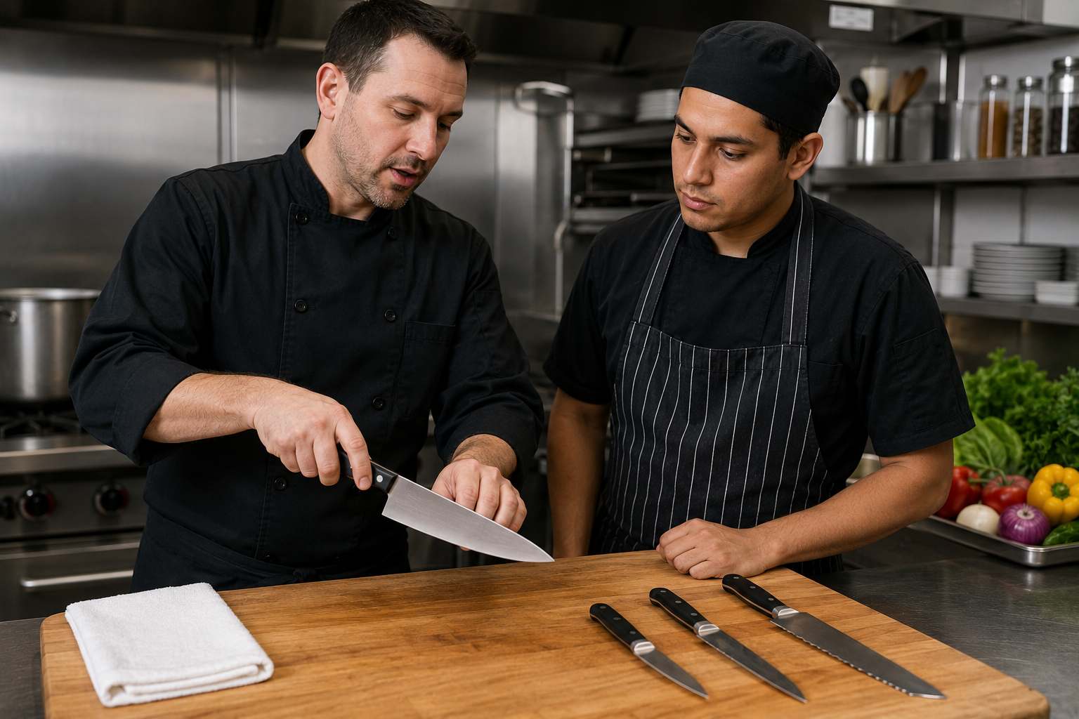 Restaurant cook receiving practical training on kitchen knife care and safe handling