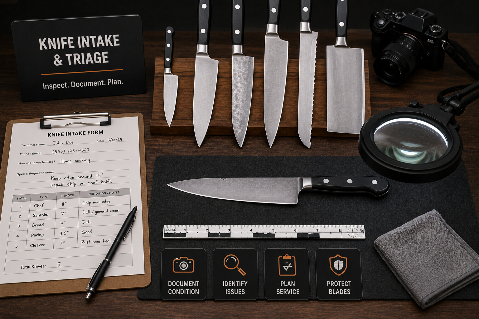 Kitchen knives being documented and inspected during professional sharpening intake