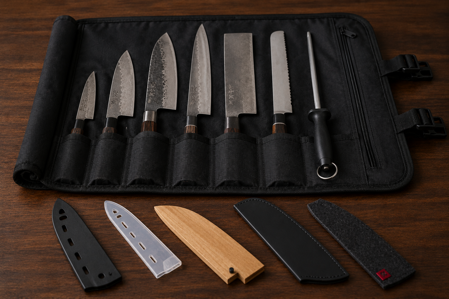 Kitchen knives protected inside blade guards and a professional knife roll
