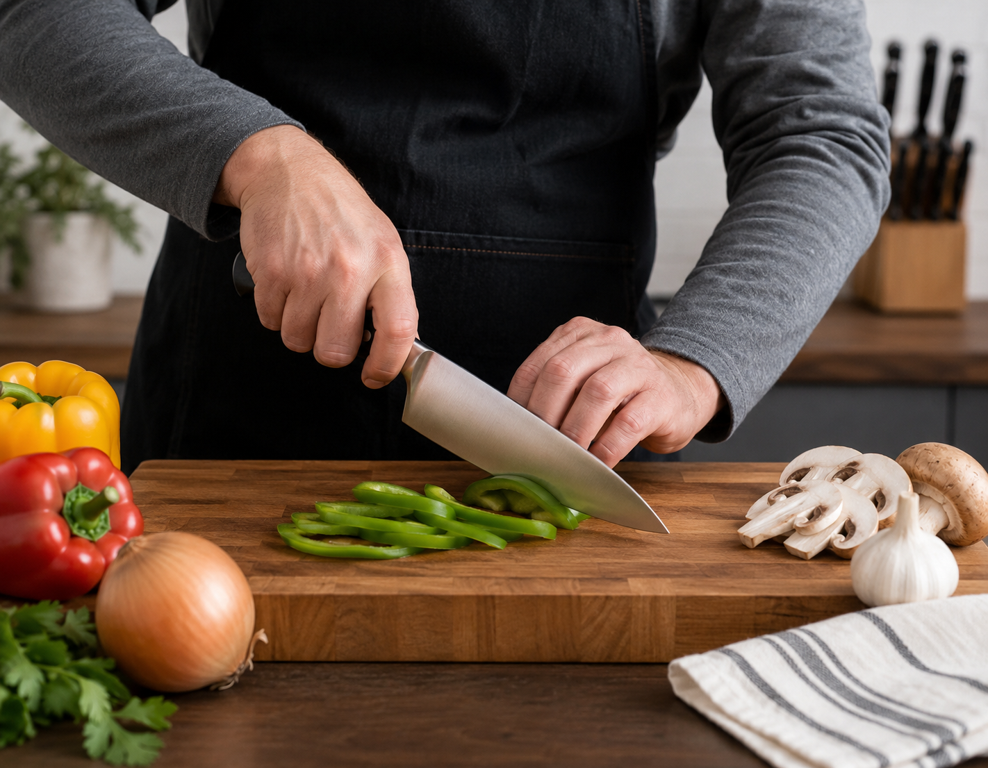 Safe kitchen knife handling on a cutting board