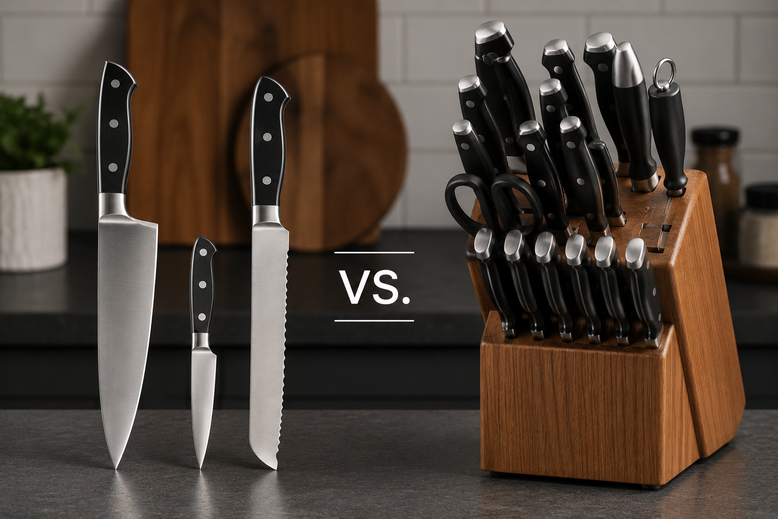 Three essential kitchen knives beside a full wooden knife block