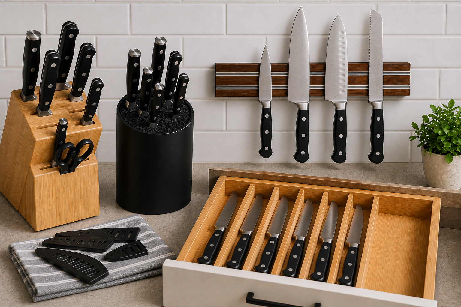Kitchen knife storage options including a block, magnetic strip, drawer organizer, and blade guards