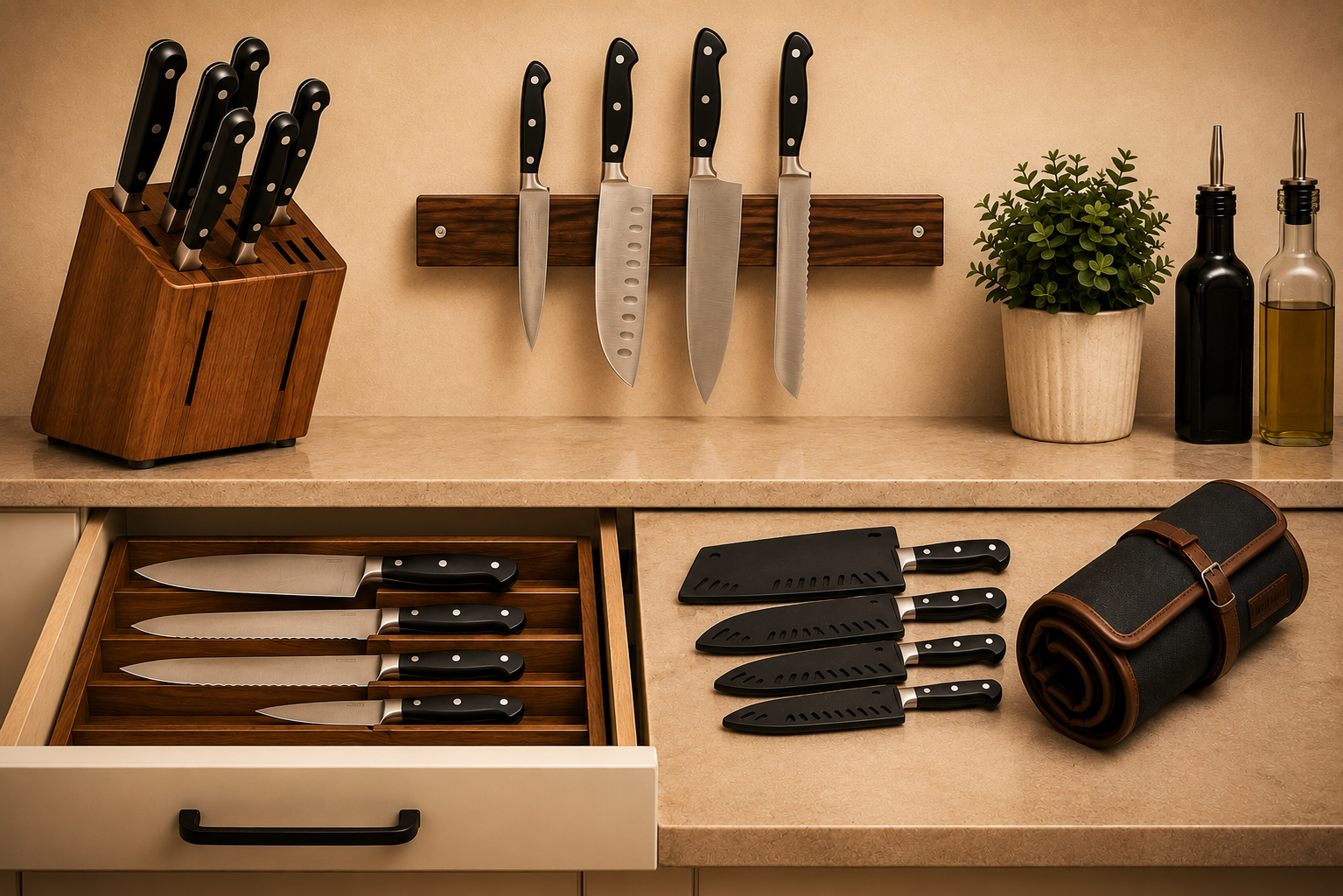 Kitchen knives stored safely in a knife block, magnetic strip, and blade guards