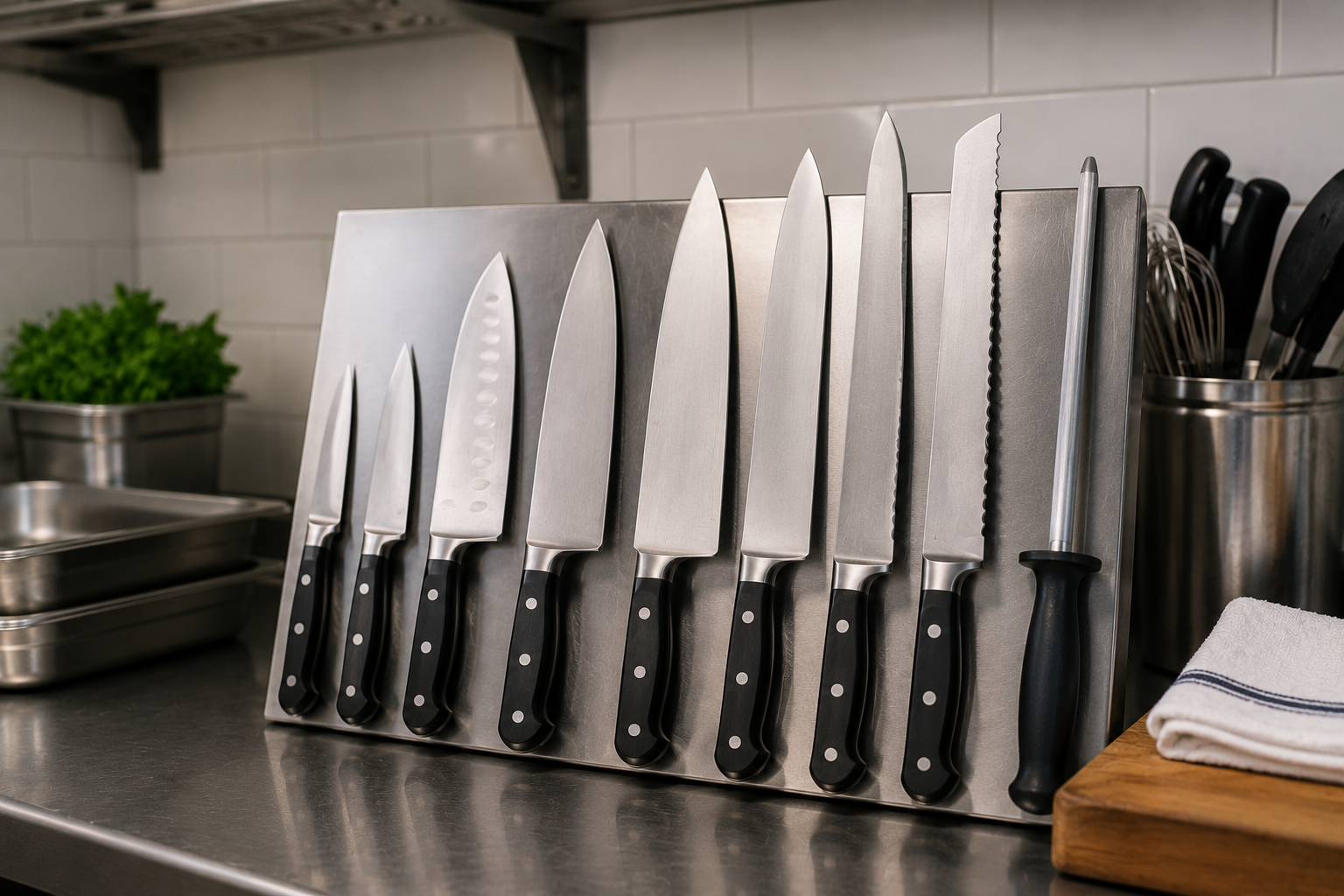 Organized restaurant house knife set prepared for inspection and kitchen service