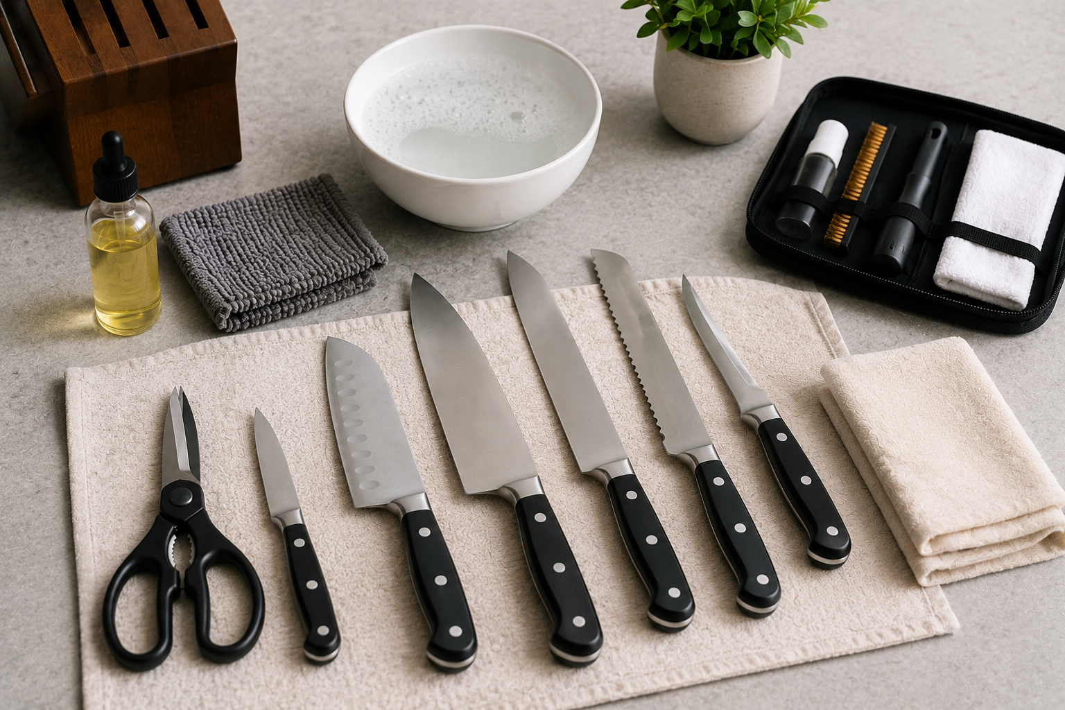 Kitchen knives arranged for cleaning, inspection, sharpening, and New Year maintenance