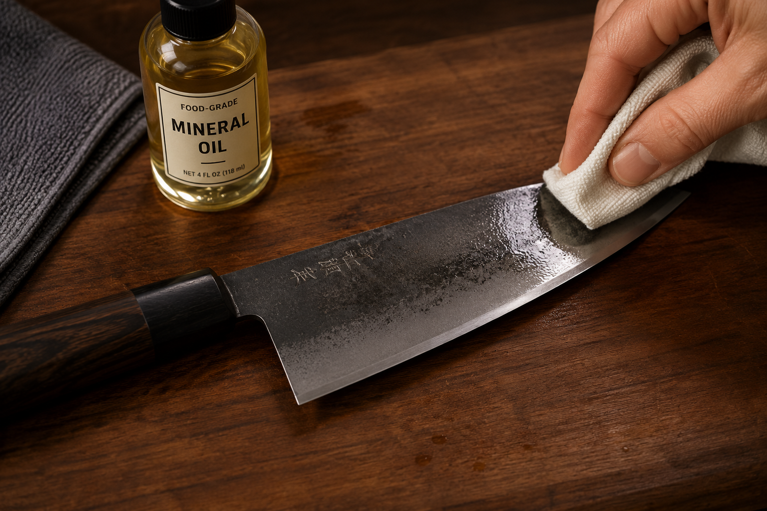 Food-grade mineral oil being applied to a high-carbon steel kitchen knife