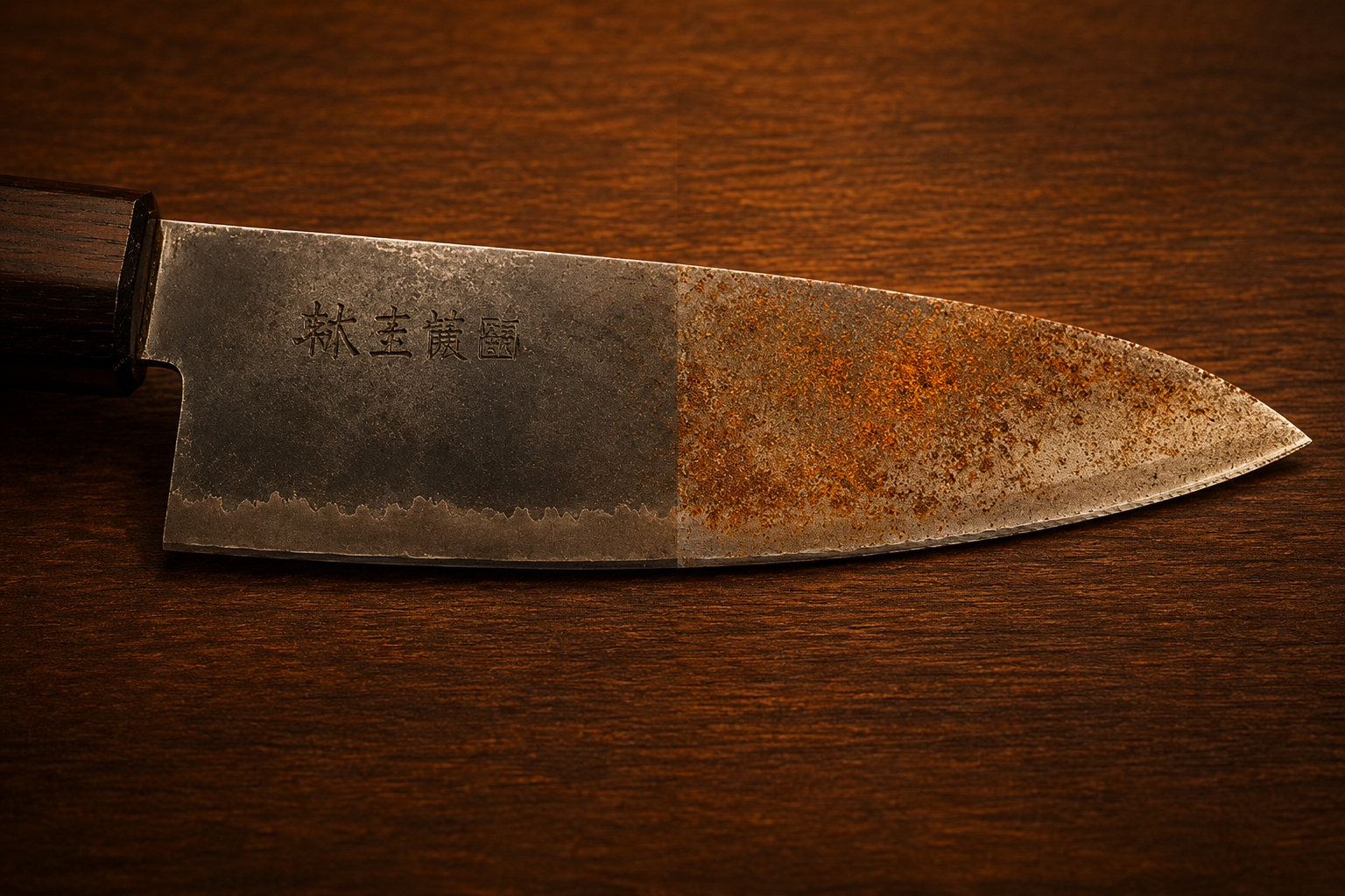 Carbon-steel knife blade showing smooth protective patina compared with orange active rust