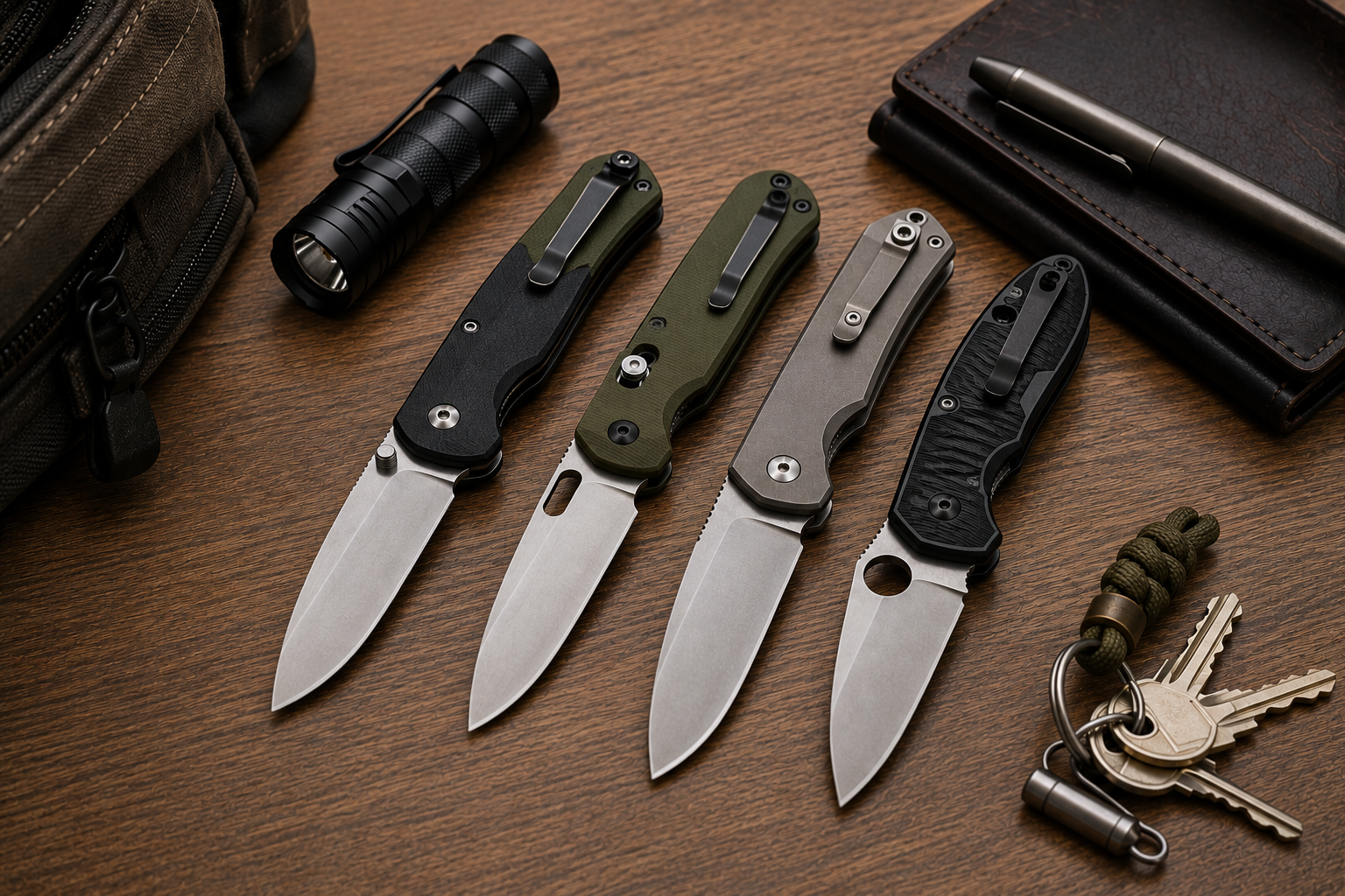 Folding pocket knives arranged with common everyday-carry items