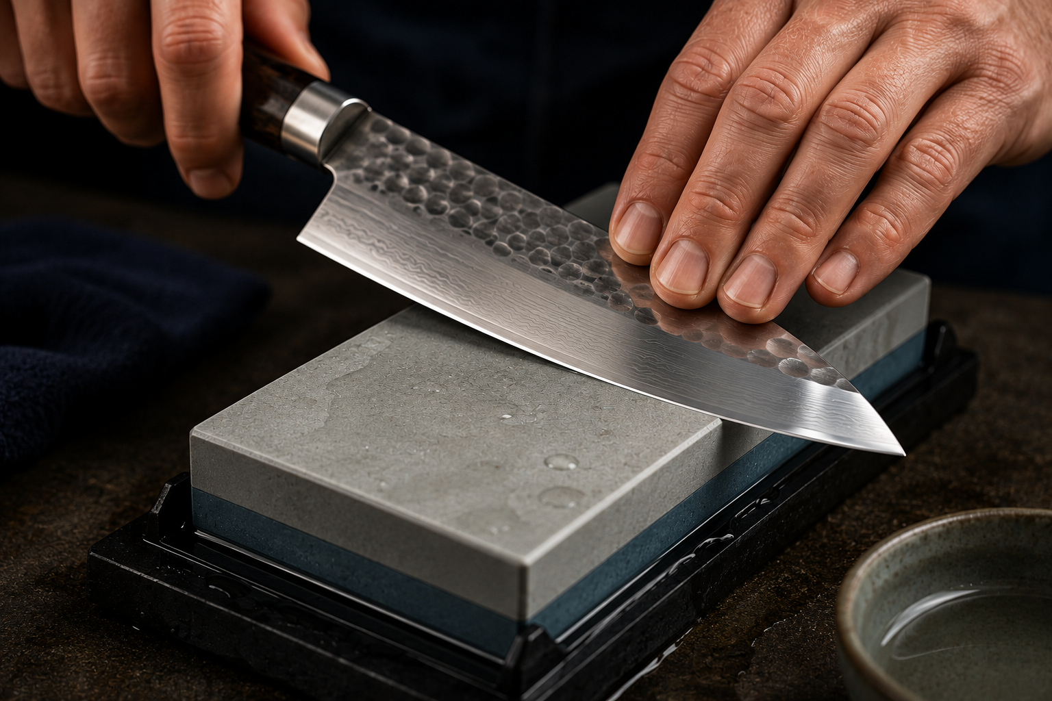 Polished kitchen knife edge being refined on a fine sharpening stone