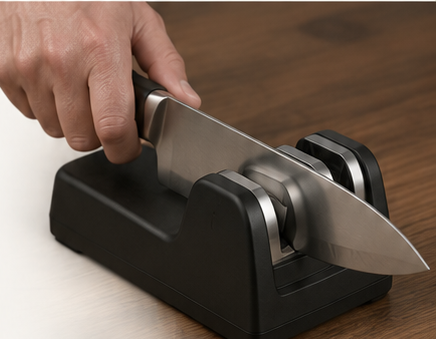 Kitchen knife being drawn through a manual pull-through sharpener
