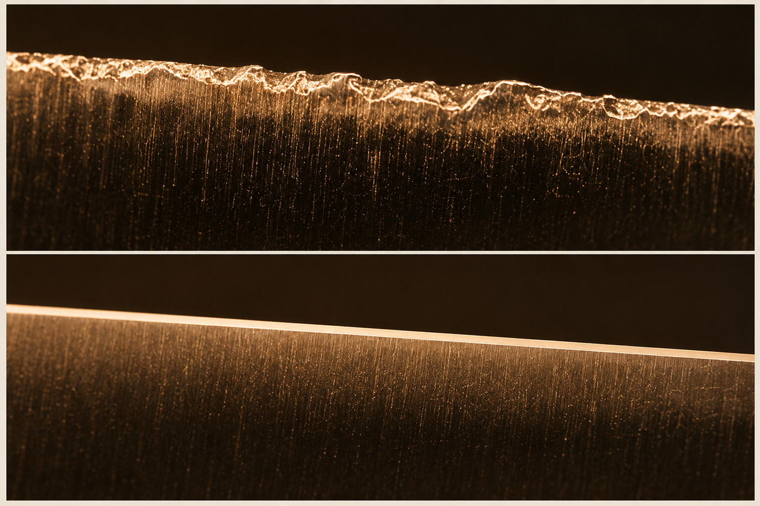 Magnified knife-edge photographs showing chips, burrs, scratches, and a clean sharpened apex
