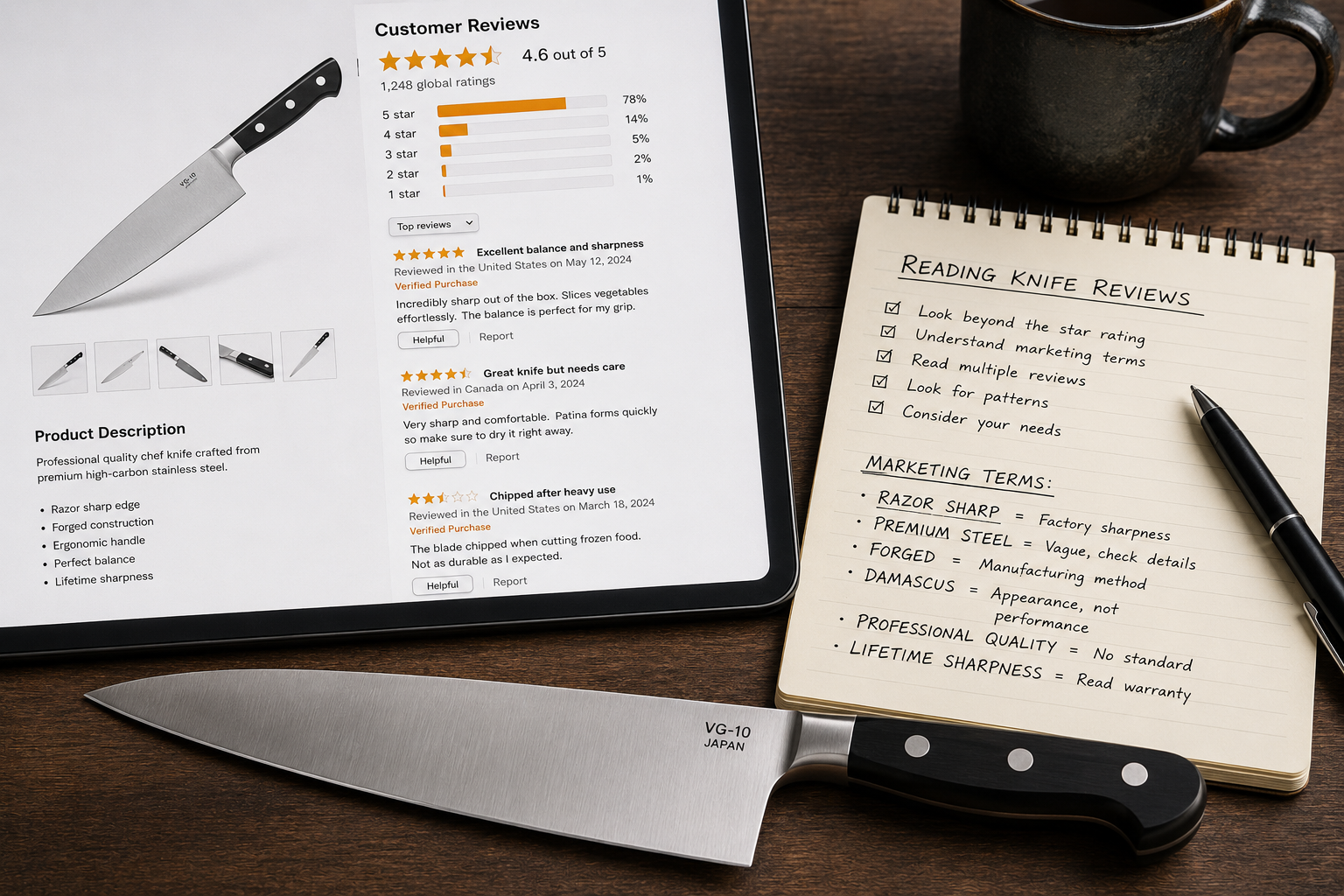 Kitchen knife beside product reviews and marketing descriptions